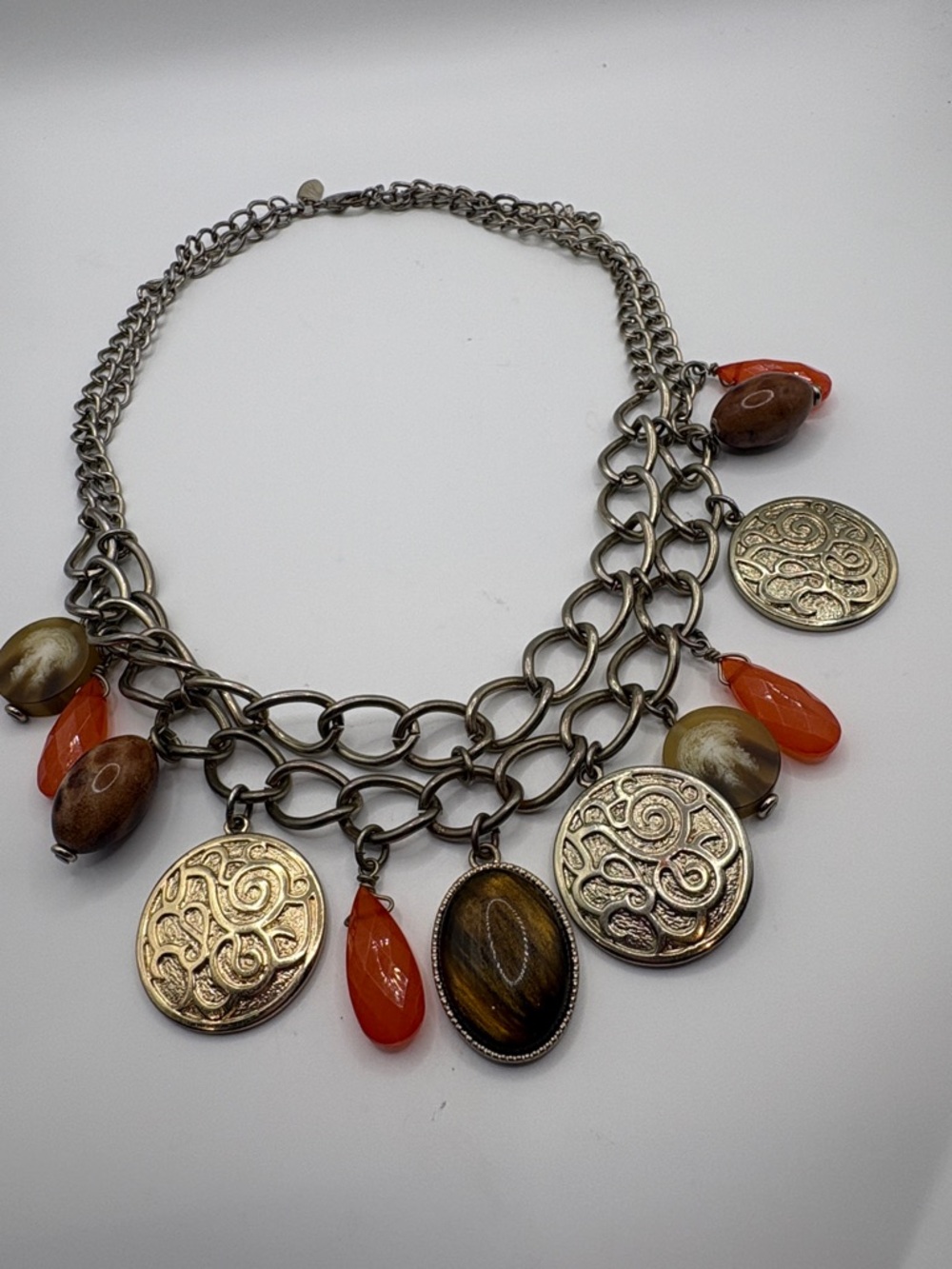 New York & Company Gold-Tone Multi-Charm Necklace Tigers Eye Brown Vintage - Picture 4 of 5